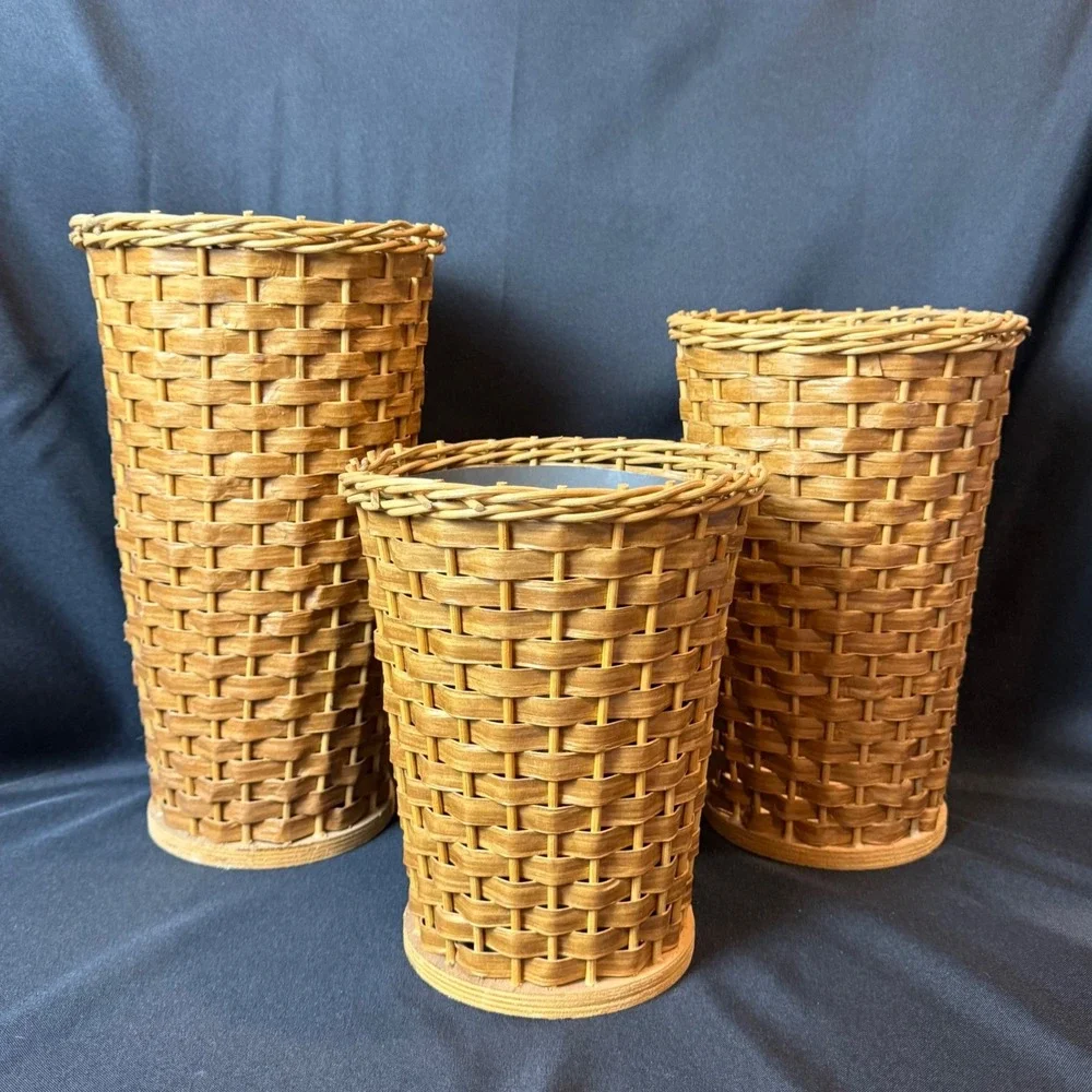 Vintage 3pc Set Woven Wicker Display Basket Vases w/ 2 Metal Liners 14